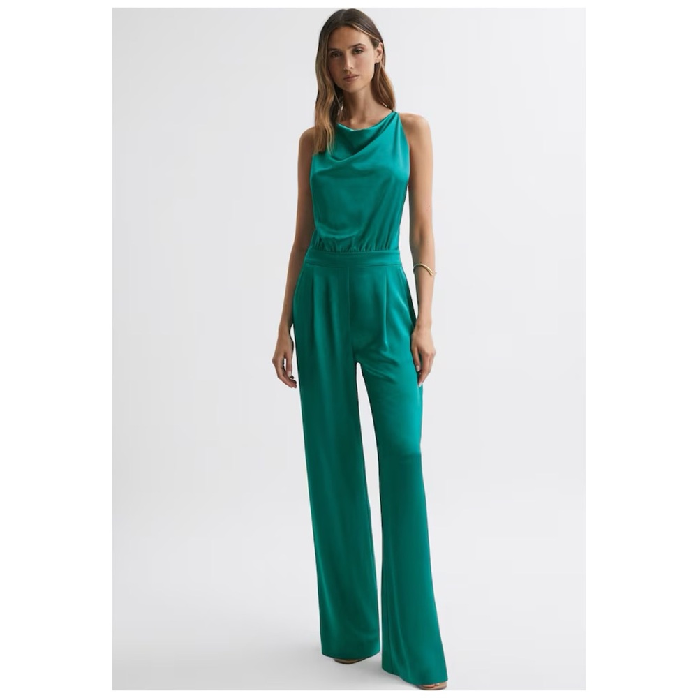 New! REISS Malia Open Back Wide Leg Satin Jumpsuit
